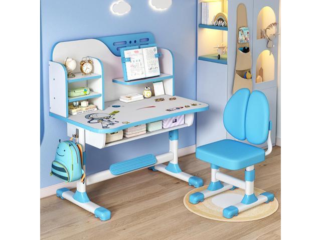Kids Desk and Chair Set with Castle Backboard - Height Adjustable Children's Study Table with Storage Drawer & Bookstand, Widened Desktop &...