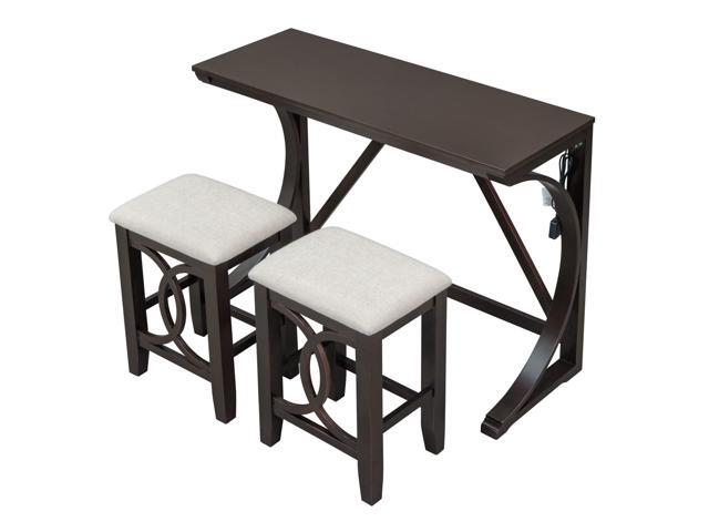 3 Piece Counter Height Dining Set, Farmhouse Kitchen Table Set with USB Port and 2 Upholstered Stools, Breakfast Nook Set for Kitchen, Dining Room,...