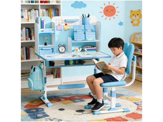 Kids Desk and Chair Set for 3-12, Adjustable Height Study Table Chair with Storage Drawers, Bookstand, Widened Desktop, Ergonomic Desk Chairs for...