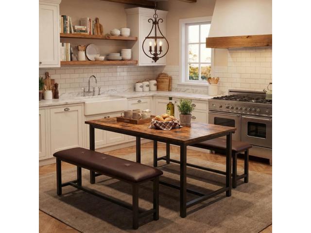 Dining Table Set for 4, Kitchen Table with 2 Upholstered Benches, 3-Piece Dining Room Set for Kitchen, Apartment and Small Spaces, Brown