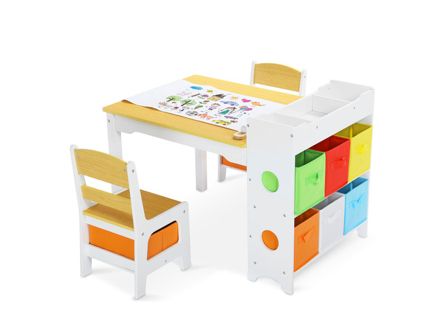 Kids Art Table & Chairs Set, Wooden Activity Table with 2 Chairs, Kids Craft Desk W/8 Storage Bins and Paper Roll, Toddler Furniture Set for Art,...