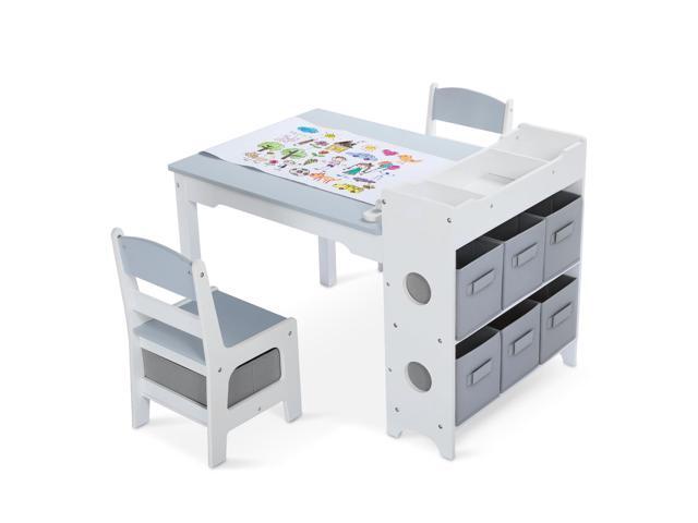Kids Art Table & Chairs Set, Wooden Activity Table with 2 Chairs, Kids Craft Desk W/8 Storage Bins and Paper Roll, Toddler Furniture Set for Art,.