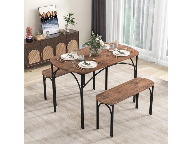 3-Piece Dining Table Set for 4, Wooden Kitchen Table and 2 Benches Set with Metal Frame, Space-Saving Dinette Set for Living Room, Dining Room,...