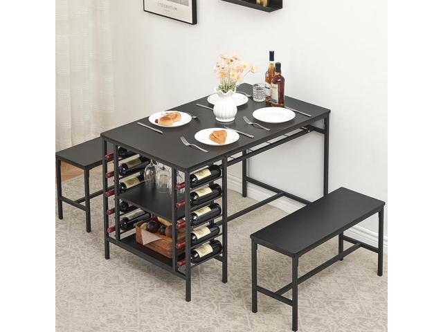 Dining Table Set for 4, Kitchen Table with 2 Benches, Wine Rack and Storage Shelf, Rectangular Dining Room Table Set, 3 Piece Dining Table Set for.