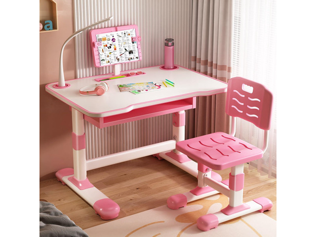 Kids Desk and Chair Set, Height Adjustable Student Study Desk with Extra Large Drawer,Tiltable Desktop Toddlers Writing Table, Children Learning...