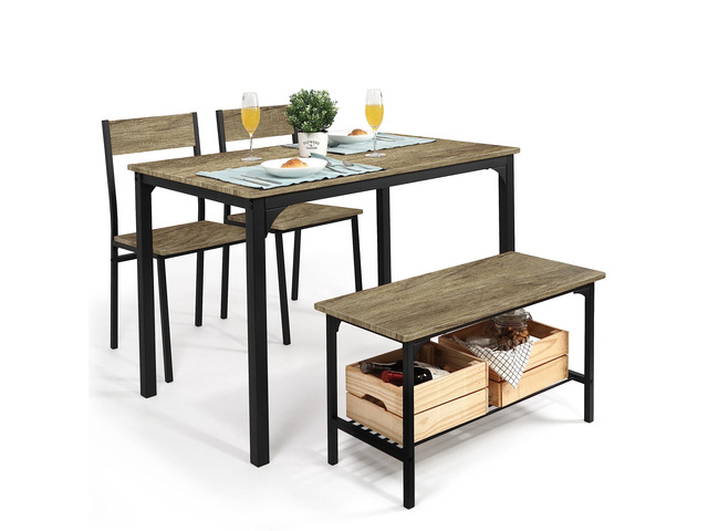 4 Pieces Dining Table Set for 4 w/Bench and Chairs, Modern Table Set for Dining Room, Home, Kitchen w/Storage Rack, Rectangle Table, Bench & Two...