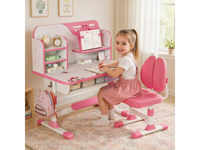 Kids Desk and Chair Set, Height Adjustable Children Study Table and Chair, Desk for Kids, Toddler Writing Table with Bookstand and Storage Drawer,...