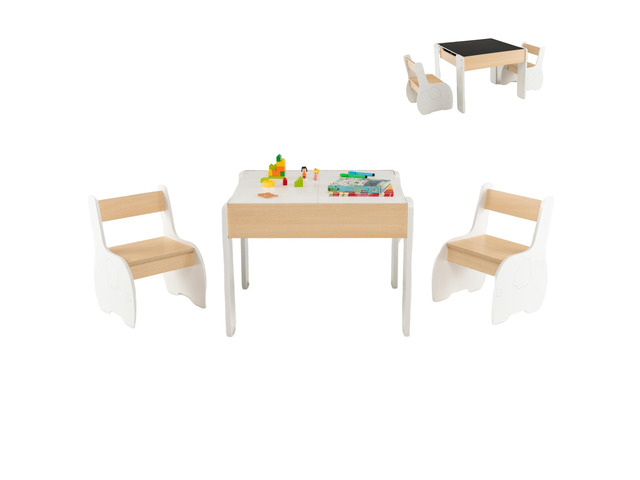 Kids Table and Chair Set, 4-in-1 Children Wooden Activity Table and 2 Chairs for Art Craft, Reversible Blackboard, 3 PCS Toddler Furniture with...
