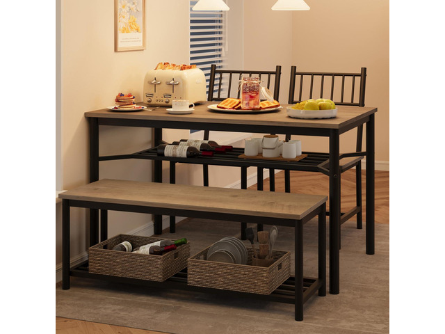Dining Table Set for 4, Kitchen Table and Chairs for 4 with Wine Rack, Dining Room Table Set with Bench, Rectangular Kitchen Table Set for Small...