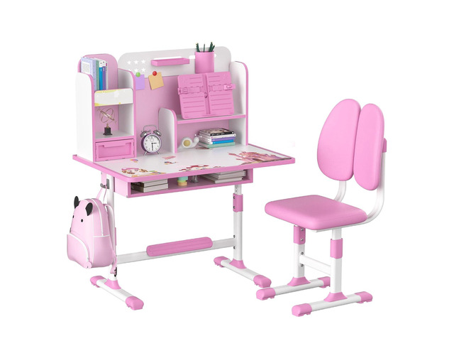 Kids Desk and Chair Set School Desk Height Adjustable Study Table with Book Stand & Foot Pedal, Ergonomic Children's Desks with Sitting Corrector...