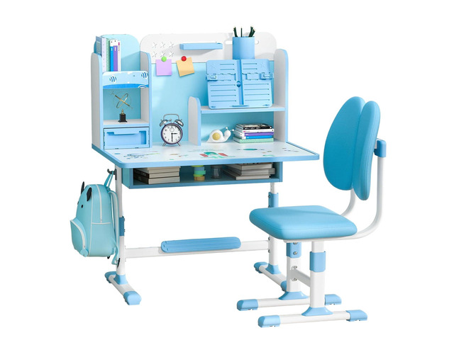 Kids Desk and Chair Set School Desk Height Adjustable Study Table with Book Stand & Foot Pedal, Ergonomic Children's Desks with Sitting Corrector...