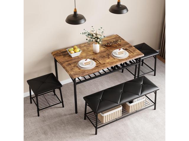 Dining Table Set for 4, Kitchen Table Set with 2 Chairs and 1 Bench, Modern Metal Frame Dining Furniture Set with Storage Rack for Small Space,.