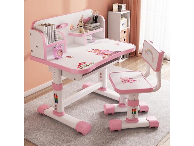 Kids Desk Chair Set, Children Table and Chair Set Multi Functional Widened Desktop with Tilt Book Stand Drawer Cartoon Pattern Height Adjustable.