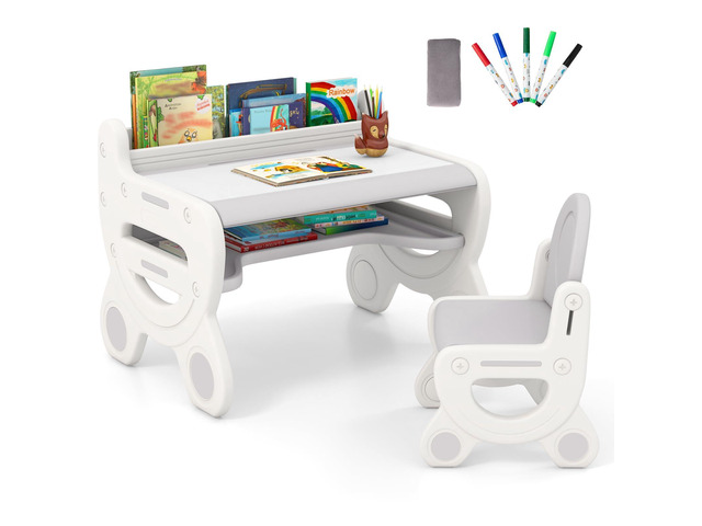 Kids Table and Chair Set, Plastic Children Activity Table and Chair w/Graffiti Desktop, Storage, Markers & Eraser, Toddler Table and Chair Set for...