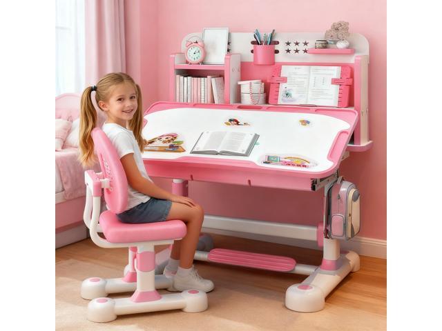 Kids Study Desk with Chair Set, Height Adjustable Children School Study Table Chair Set with with Tilt Desktop, Ergonomic Desk Chair with Book.