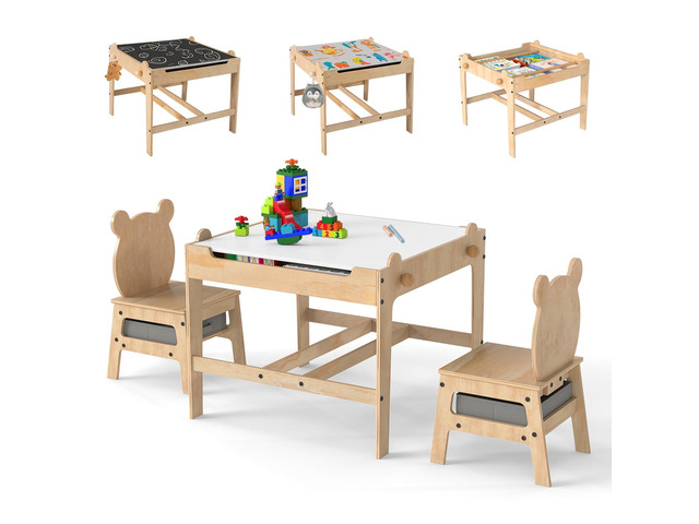 Kids Table and Chairs, Children Wooden Activity Set with Double-Sided Whiteboard/Chalkboard, Storage, for Art, Craft, Drawing, Reading, Gift for...
