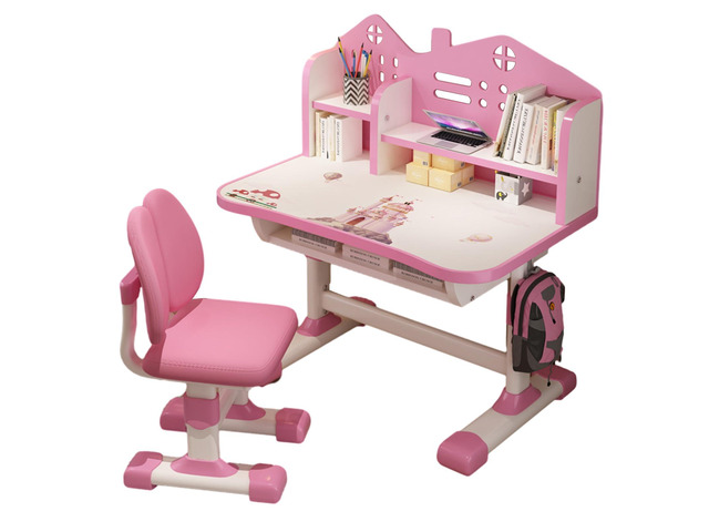 Kids Desk and Chair Set Multi Bookstand Widened Desktop Desk Chair Set Cartoon Pattern Kids Adjustable Height Study Drawer Table with Chairs Pink