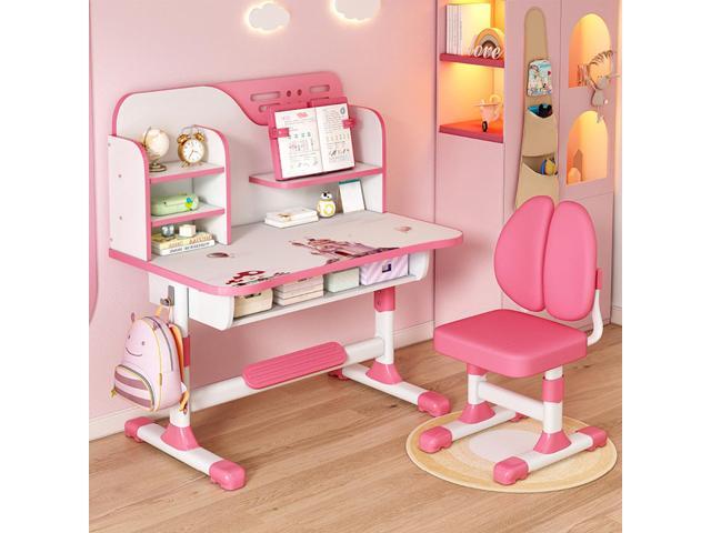 Height Adjustable Kids Study Desk and Chair Set with Shelf, Astronaut Pattern, Ergonomic Dual Back Support, Storage Drawer, for Boys and Girls 3+.