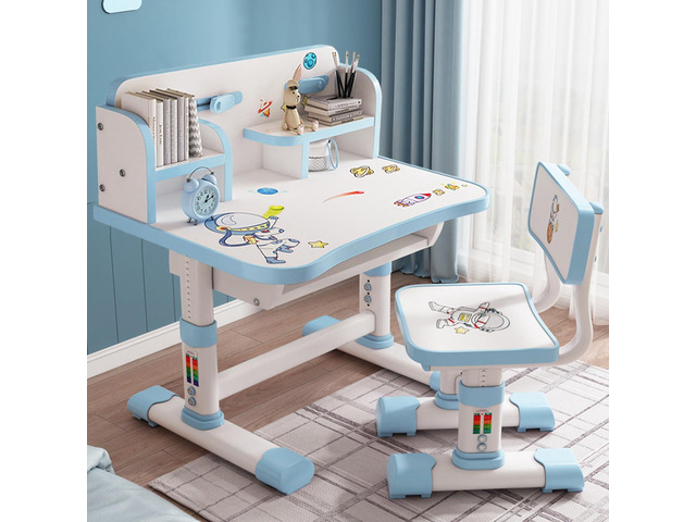 Kids Functional Desk and Chair Set, Height Adjustable Children School Study Table Chair Set with Cartoon Pattern, Ergonomic Desk Chair with Large...