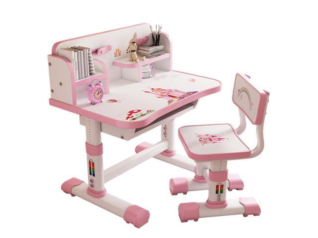 Kids Study Table and Chair Set, Adjustable Art Desk Girls Desk for Bedroom, Study Table with Large Writing Board Bookshelf and Drawer (Pink-7)