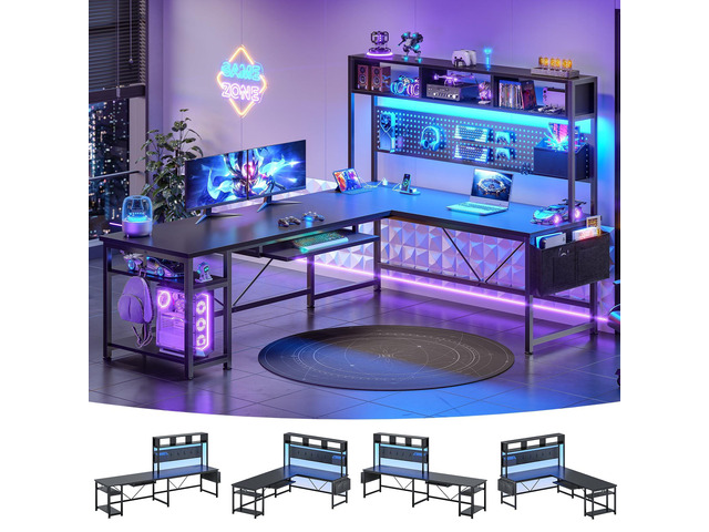 L Shaped Gaming Desk, Reversible Computer Desk with Power Outlet and Pegboard, Gaming Desk with Led Lights, Keyboard Tray and Storage Bag for Home...