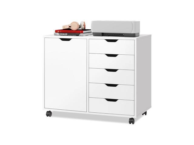 5-Drawer Wood Drawer Cabinet, Office Storage Cabinet with Adjustable Shelf & Wheels, Printer Stand for Home Office, White