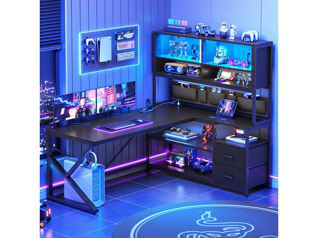 L Shaped Gaming Desk, Home Office Computer Desk with 2 Drawer and Bookshelf, L Shaped Gaming Desk with LED Light, Glass Cabinet and Storage Bag,...