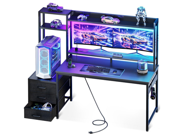 55 Inch Gaming Desk with Hutch & 3 Fabric Drawers, Computer Desk with USB Ports & LED Lights, Reversible Pc Gamer Table with Monitor Stand for Home...