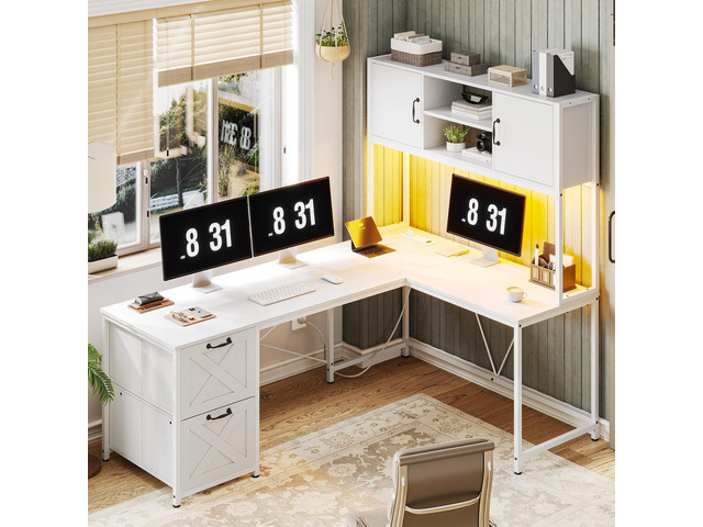 White L Shaped Office Desk, Farmhouse Home Office Desk with Fabric File Drawers and Power Outlet, Corner Gaming Desk with LED Lights, Hutch and...