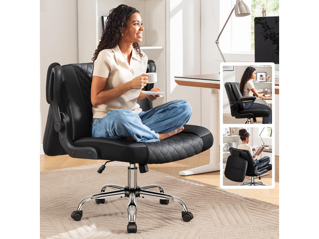 Criss Cross Office Chair with 2-in-1 Flip Backrest Ergonomic PU Leather Floor Sitting Chair, Adjustable Height, 360° Swivel & Flip-Up Arms,...