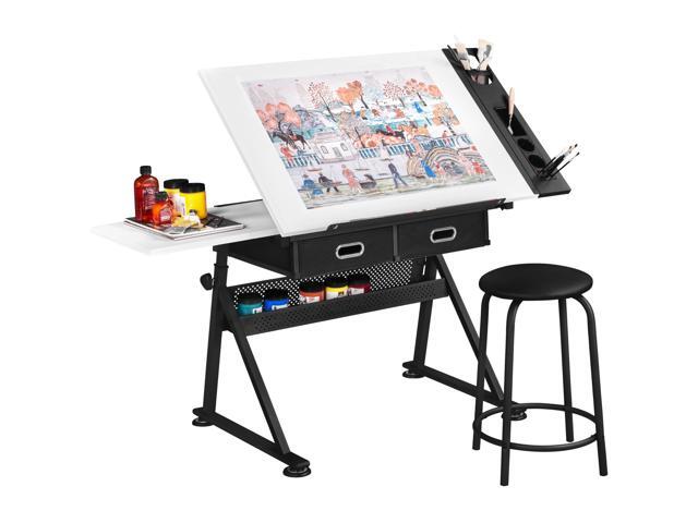 Height Adjustable White Art Desk for Adults, Tilting Tabletop Drafting Drawing Table with Extra Large Desktop and Drawers, Foldable Stand up Craft...