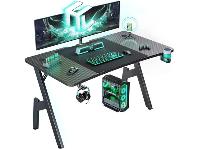 55 Inch Gaming Desk, Large Computer Desk Gaming Table with Cable Management, Ergonomic Carbon Fiber Gamer Table Pc Work Home Office Desks with Cup...