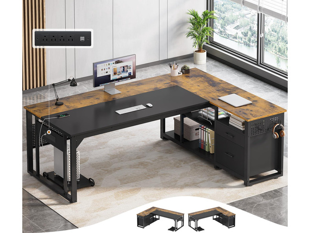 71 in Executive Desk with Power Outlets, Reversible L Shaped Desk with File Drawers & Storage Shelves, Large Office Desk Computer Desk with...