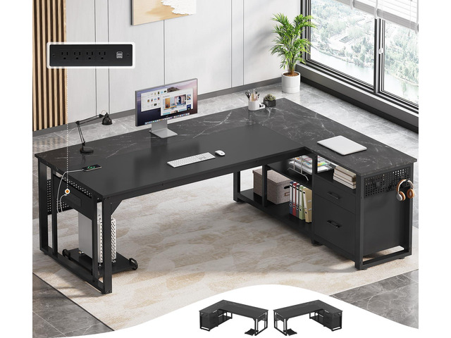 71 in Executive Desk with Power Outlets, Reversible L Shaped Desk with File Drawers & Storage Shelves, Large Office Desk Computer Desk with...