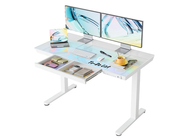 Glass Standing Desk with Drawers, 48 X 24 Inch Electric Adjustable Height Desk, Quick Install One-Piece Tabletop with USB Charging Ports, White