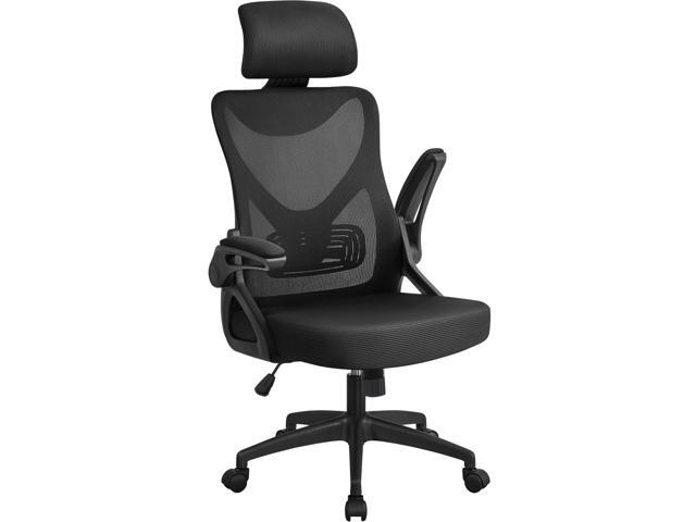 Ergonomic Office Chair with Headrest, Lumbar Support, Black Breathable mesh high-back adjustable headrest, padded seat, and flip-up armrests...