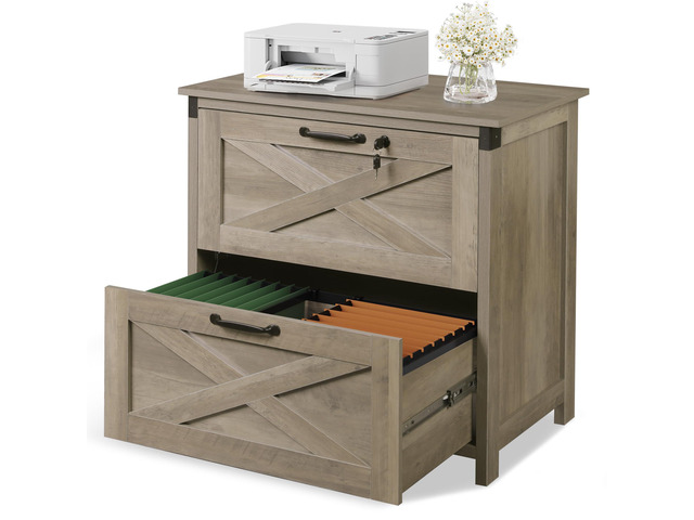 2 Drawer File Cabinet, Lateral Wood Filing Storage Cabinet with Lock, Farmhouse Printer Stand for Home Office Fits Letter/Legal/A4 Size, Gray Oak ...