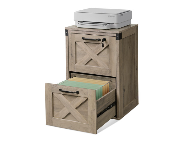 2 Drawer File Cabinet with Lock, Wood Farmhouse Filing Cabinet for Home Office, Printer Stand Fits Letter and A4 Size, Gray Oak