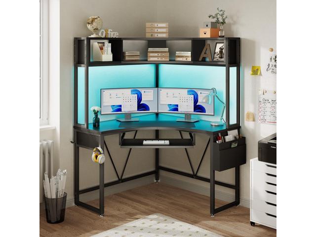 Corner Desk, 39' W x 62' H Small Office Desk with Hutch & LED Lights, Triangle Gaming Computer Desk with Keyboard Tray, Storage Bag, and Headphone...