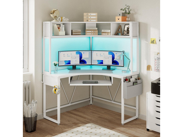 Corner Desk, 39' W x 62' H Small Office Desk with Hutch & LED Lights, Triangle Gaming Computer Desk with Keyboard Tray, Storage Bag, and Headphone...