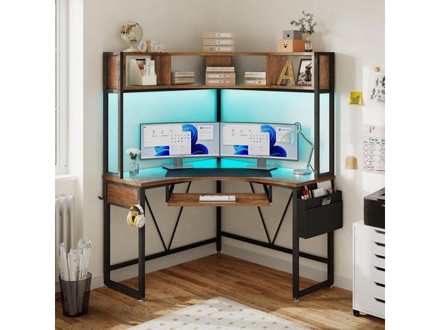 Corner Desk, 39' W x 62' H Small Office Desk with Hutch & LED Lights, Triangle Gaming Computer Desk with Keyboard Tray, Storage Bag, and Headphone...