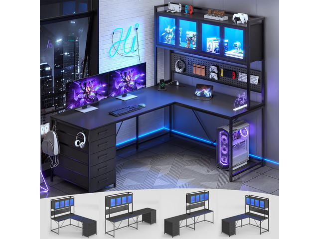 L Shaped Gaming Desk with Drawers, L Shaped Computer Desk with Hutch and Storage Shelves, Gaming Desk with Pegboard, Led Lights, and Power Outlet,...