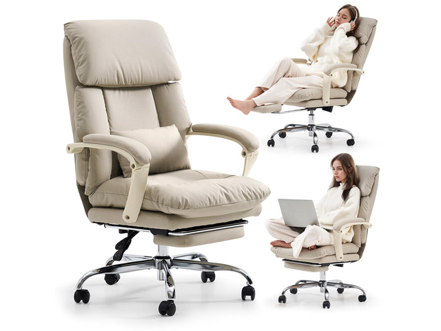 Office Chair with Foot Rest Executive Office Chair, PU Leather, Beige Ergonomic Reclining Office Chair High Back Comfy Swivel Computer Desk...