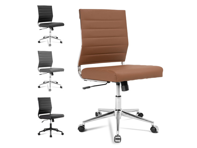 Brown Armless Office Desk Chair, Mid Back Ergonomic Swivel Conference Room Chairs, Adjustable Height PU Leather Home Desk Chair, Modern Small...