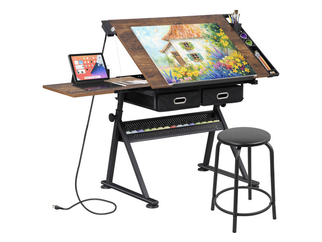 Adjustable Drafting Table with Stool, Tilting Drawing Desk Artist Table with Storage Drawers, Art Craft Workstation for Home Office Reading,...