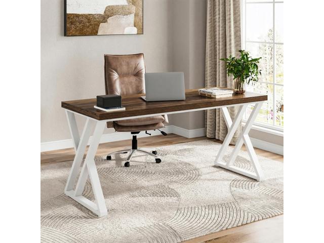 Modern Walnut/White 55' Heavy Duty Computer Desk, Study & Work Desk, 23.6'D x 55.1'W x 29.5'H, Z-Shaped Metal Legs, 330 lbs Capacity
