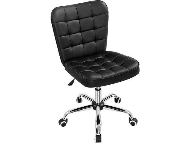 Modern Tufted Armless Desk Office Chair Faux Leather Upholstered Computer Chair with Adjustable Seat Height and Rolling Wheels for Home/Office, Black
