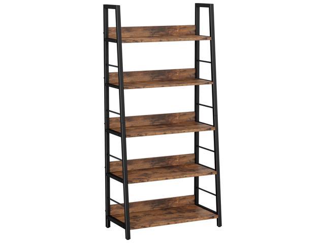 5 Tier Ladder Bookcase with Metal Frame Rustic Brown Bookshelves and Bookcases,open display shelves; metal frame; shelf baffles; home office