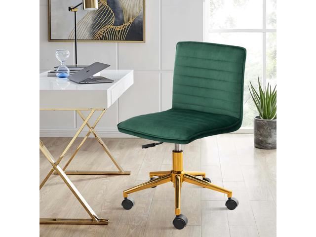 Armless Vanity Chair with Wheels, Computer Rolling Desk Chair with Back Soft Velvet Fabic Height Adjustable Gold Metal Base Swivel Stool...