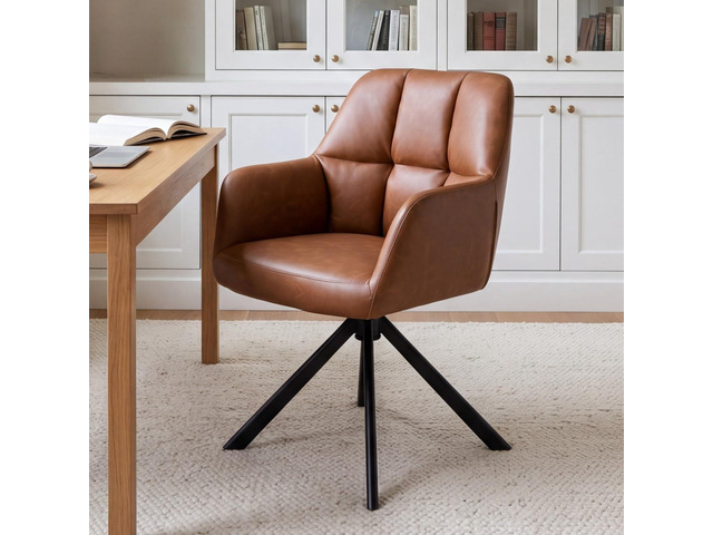 Comfy Leather Desk Chair Modern Computer Task Chair no Wheels Swivel Accent Chair with Mid Back Arm Chair for Living Room/Bedroom/Home Office, PU...